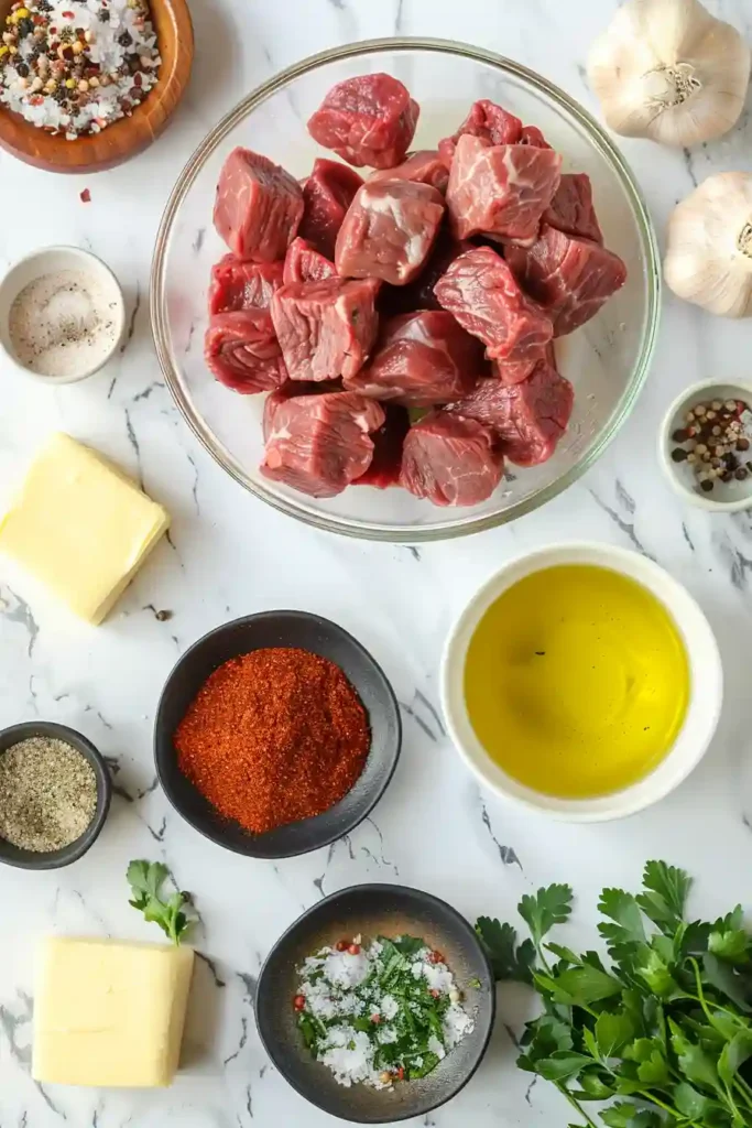 Air Fryer Steak Bites cooked to perfection with a crispy outside and juicy center, coated in garlic butter and herbs. Perfect for a quick dinner.
