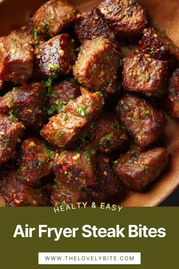 Golden brown steak bites in an air fryer basket, evenly cooked and seasoned for maximum flavor.