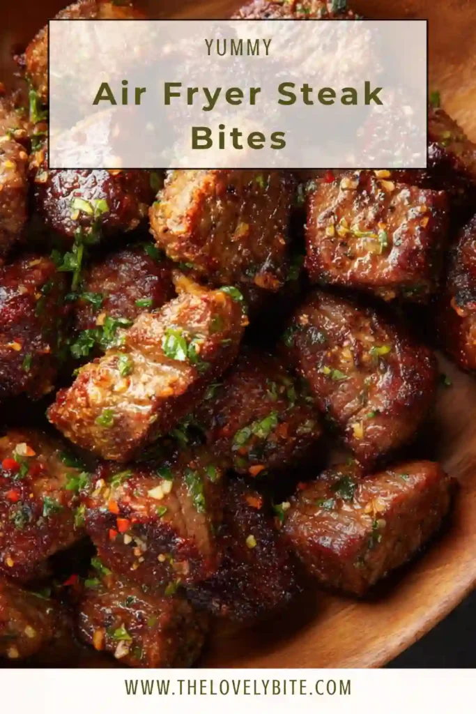 Juicy bite-sized steak pieces served with garlic butter sauce, showcasing texture and doneness.