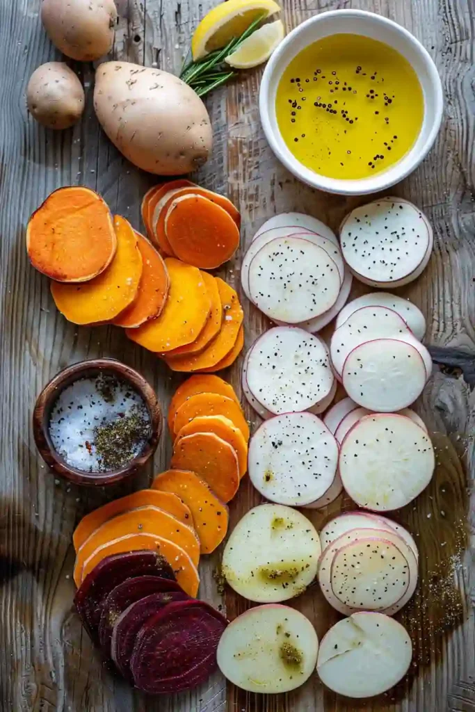 A bowl of crispy Air Fryer Veggie Chips made with sweet potatoes, beets, and carrots, showing vibrant colors and crunchy texture.