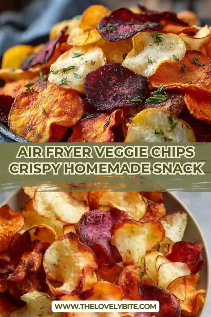 Close-up of homemade Air Fryer Veggie Chips arranged on a plate, highlighting thin slices and golden crisp edges.