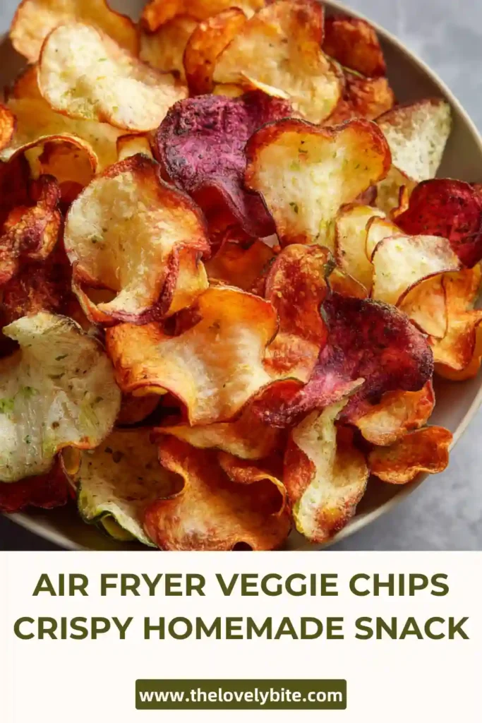 Freshly cooked Air Fryer Veggie Chips with a mix of root vegetables, lightly seasoned and perfectly crisp.