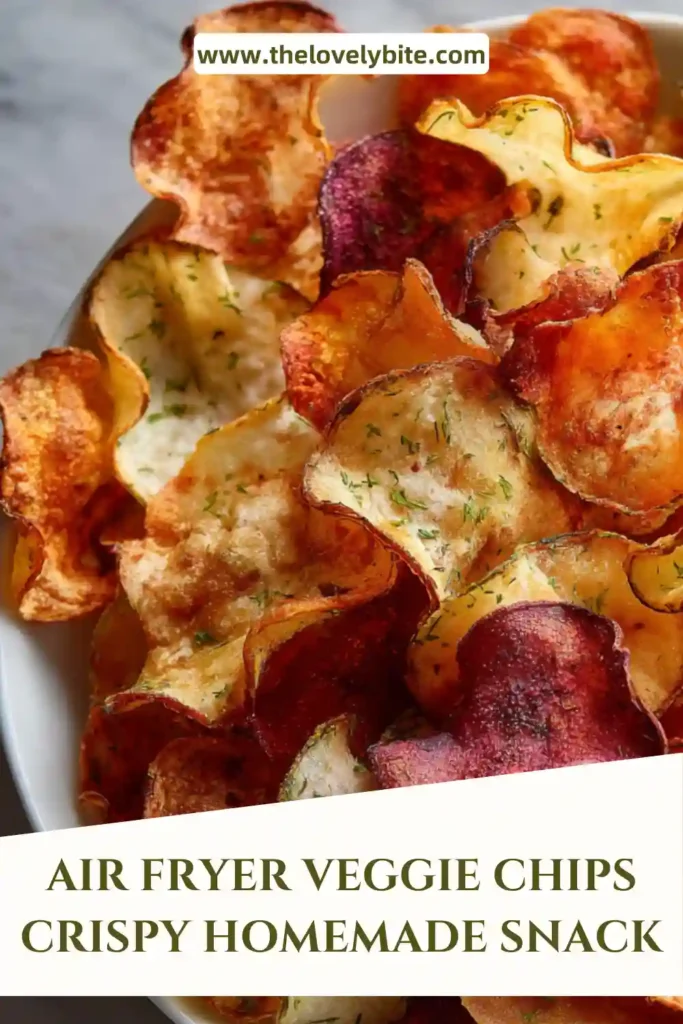 Colorful assortment of Air Fryer Veggie Chips displayed in a serving bowl, showcasing a healthy snack option.