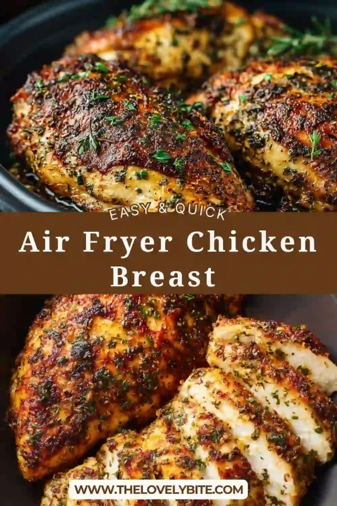 Tender air fryer chicken breast cooked to perfection with spices and olive oil, showing juicy interior texture.