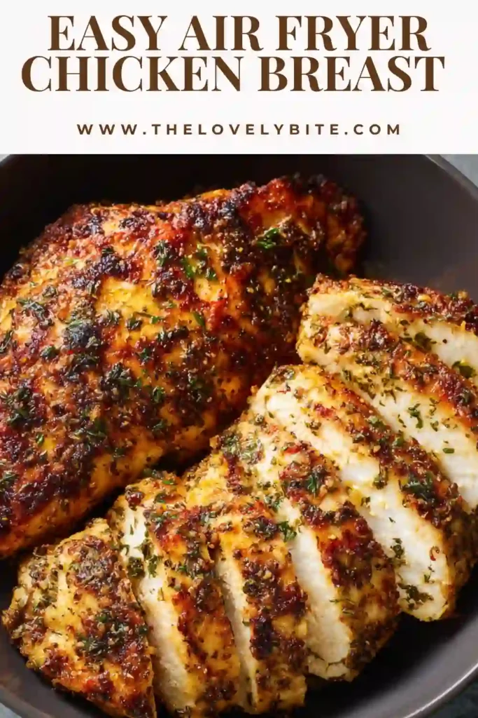 Close-up of air fryer chicken breast with crispy seasoned exterior and moist inside, ready to serve.
