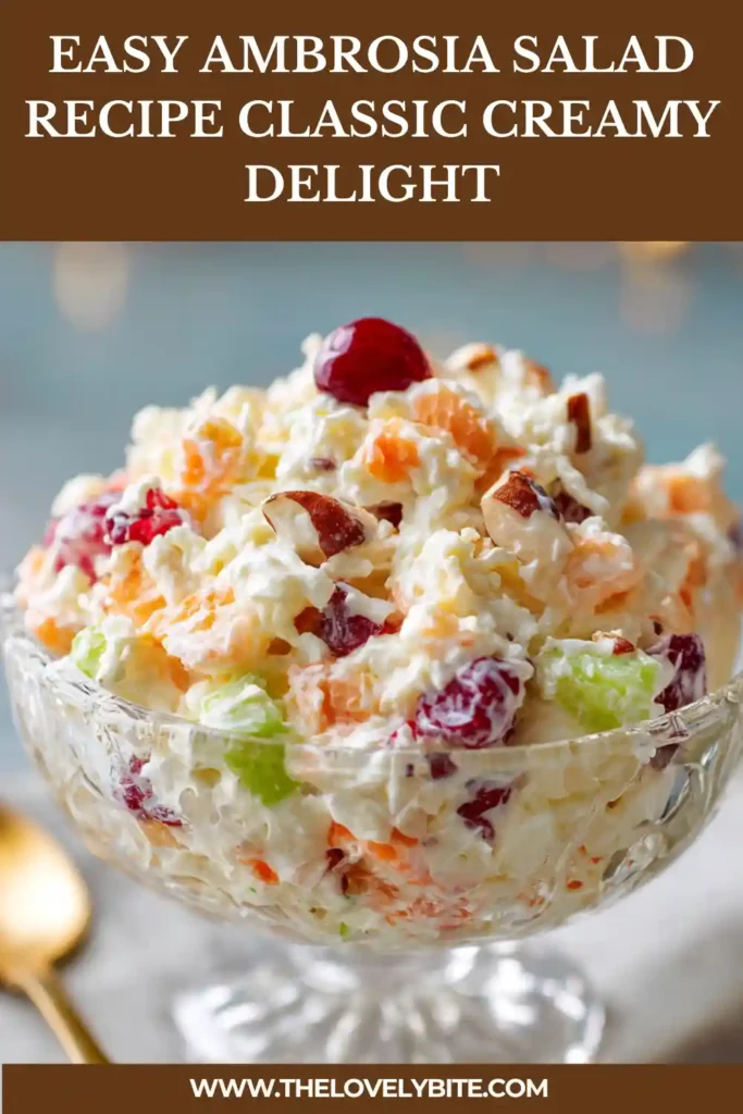 Close-up of Ambrosia Salad Recipe showing marshmallows, fruit pieces, and whipped cream mixture. Bright and inviting presentation.