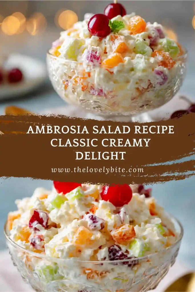 Homemade Ambrosia Salad Recipe in a serving bowl with tropical fruits and creamy base. Perfect for gatherings and holidays.