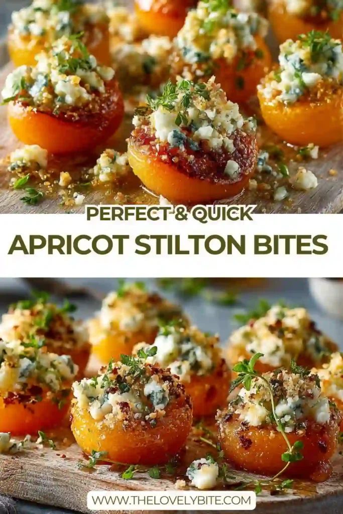 Apricot Stilton Bites arranged on a plate with pistachios and thyme, showcasing a sweet and savory appetizer.