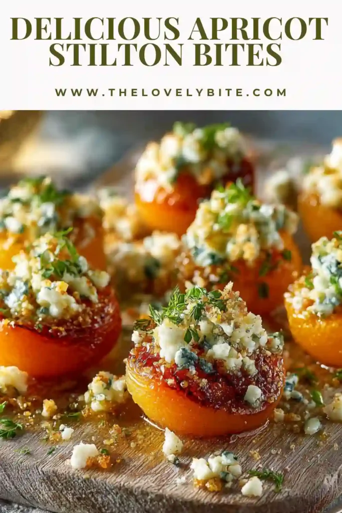 Close-up of dried apricots topped with blue cheese and chopped pistachios drizzled with agave syrup.