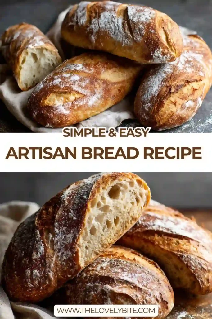 Two rustic loaves from an artisan bread recipe cooling on a baking tray with flour dusting.