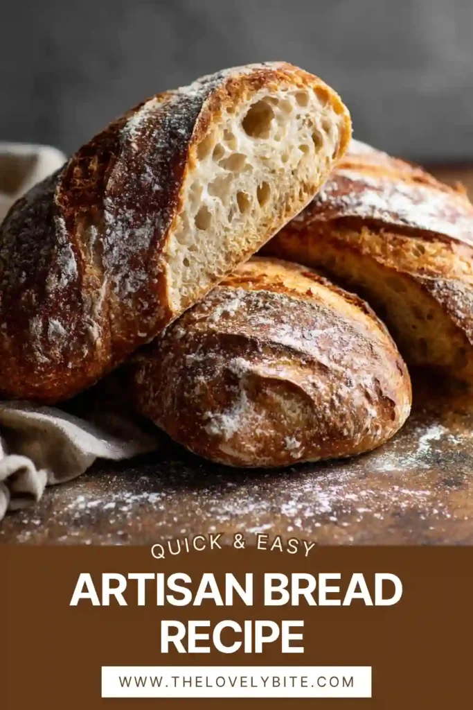 Homemade artisan bread recipe showing crispy crust and soft crumb texture in natural light.