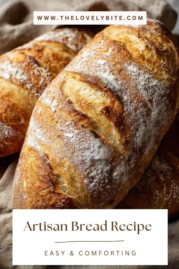 Freshly baked artisan bread recipe with golden crust and airy interior sliced on a wooden board.