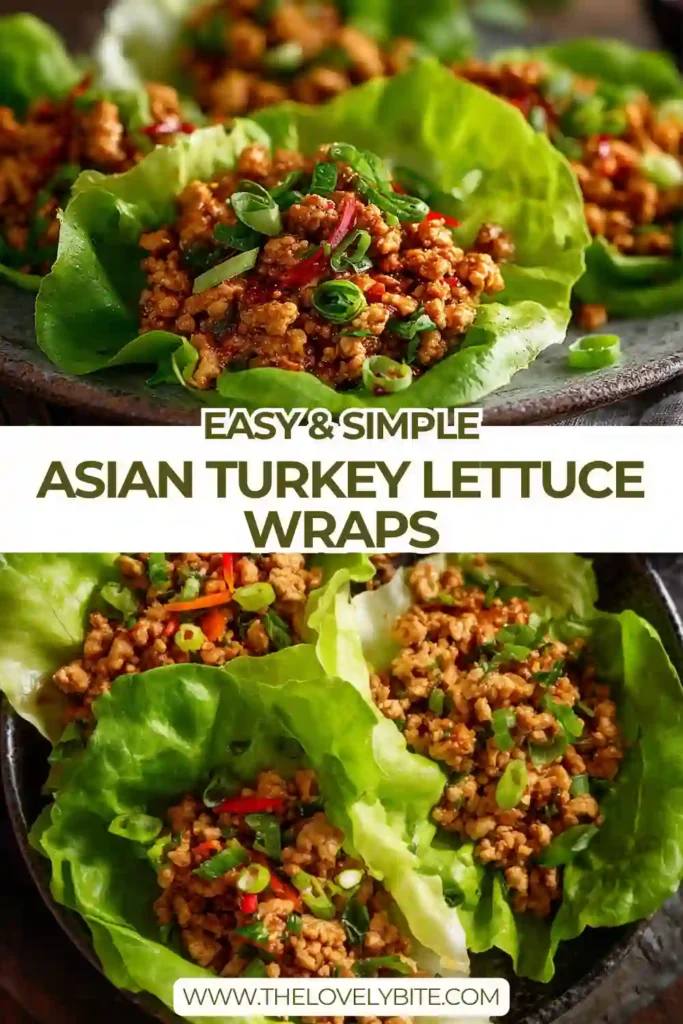 Close-up of Asian Turkey Lettuce Wraps showing juicy turkey filling and crisp lettuce cups. Perfect for a quick and easy dinner.