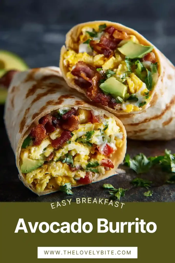 A close-up of an avocado breakfast burrito filled with scrambled eggs, turkey bacon, vegetables, and sliced avocado wrapped in a soft tortilla. The burrito looks fresh, hearty, and perfect for breakfast.