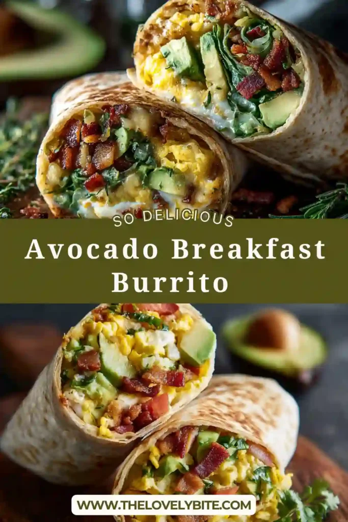 Homemade avocado breakfast burrito cut in half showing layers of eggs, melted cheese, turkey bacon, and colorful vegetables. A delicious and filling breakfast option.