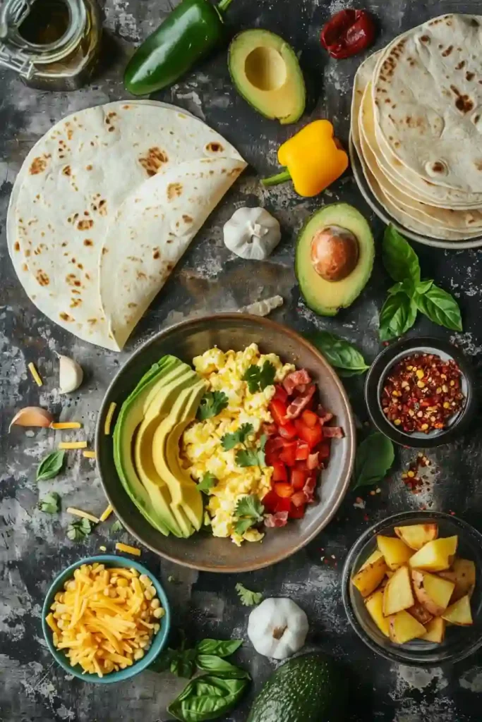 Freshly made avocado breakfast burrito with crispy turkey bacon, scrambled eggs, and roasted potatoes wrapped in a golden tortilla.