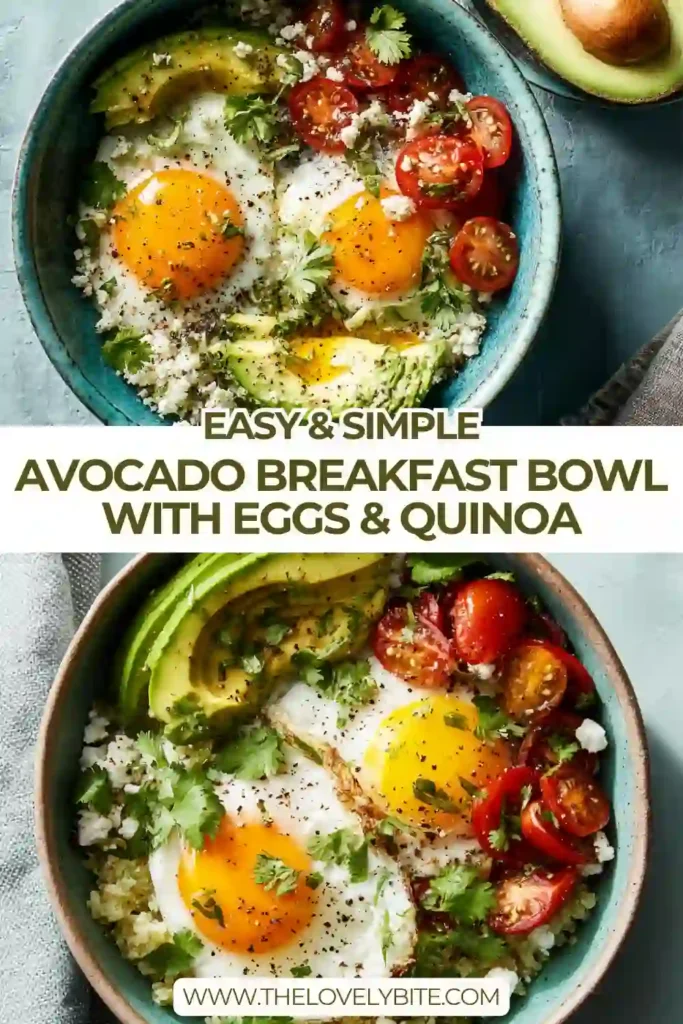 A healthy avocado breakfast bowl with quinoa, fried eggs, and crumbled feta cheese in a white bowl, perfect for a nutritious morning meal.