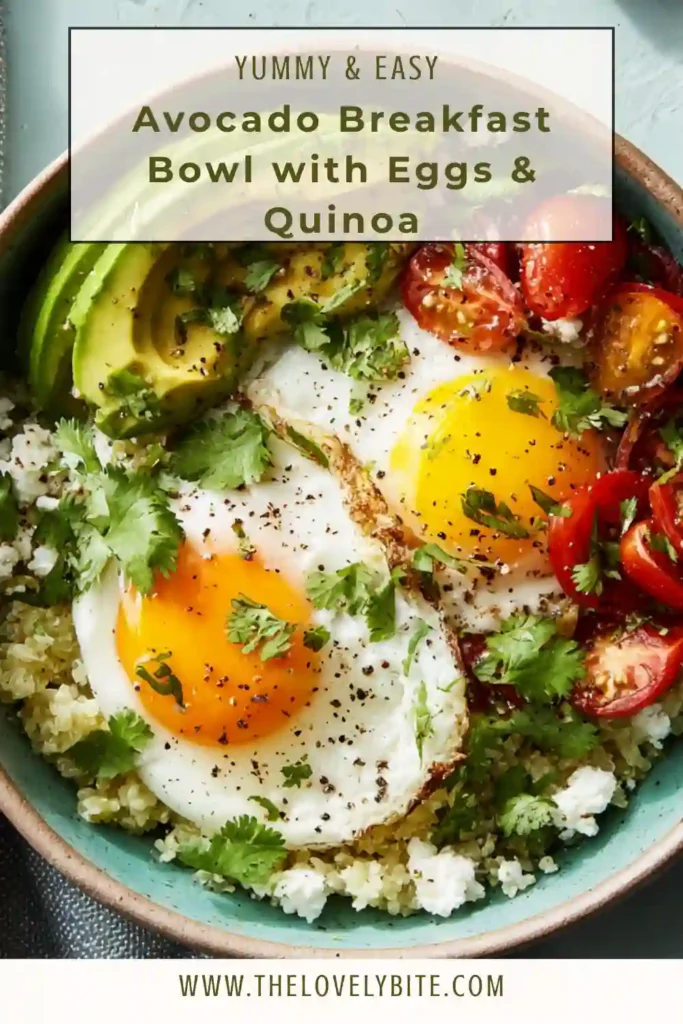 Close-up of an avocado breakfast bowl topped with eggs and quinoa, showcasing fresh ingredients and vibrant textures.