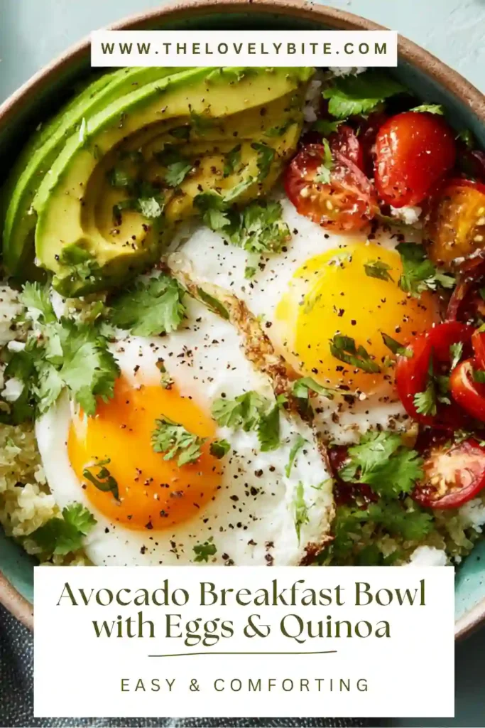 Overhead view of a quinoa avocado breakfast bowl with feta and eggs, ideal for a balanced high protein breakfast.