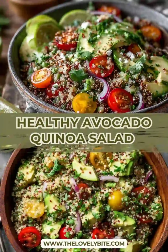 Healthy avocado quinoa salad with fresh vegetables, creamy avocado, and fluffy quinoa in a bowl.