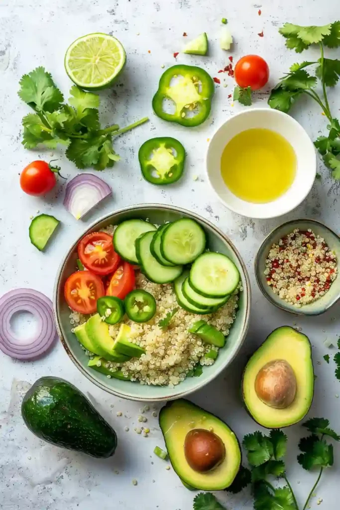 Bowl of healthy avocado quinoa salad with vibrant colors and fresh ingredients.