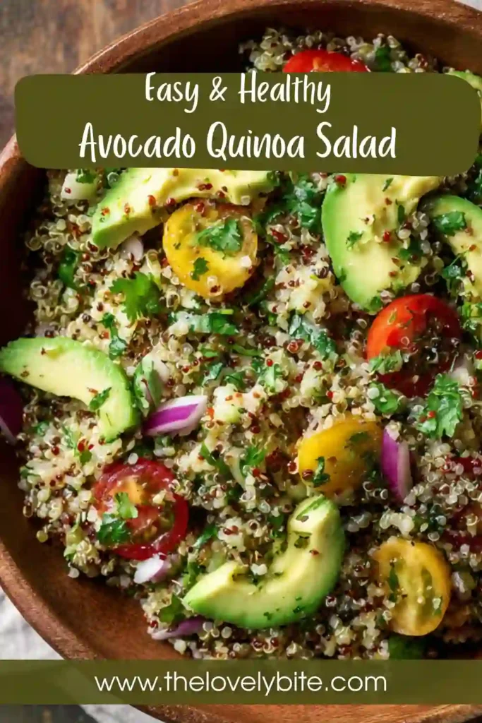 Nutritious avocado quinoa salad with bright vegetables and lime dressing.