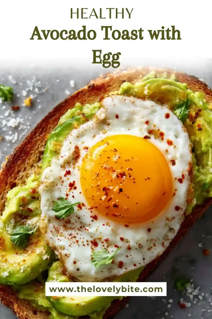 Avocado toast with egg served on crispy bread topped with creamy mashed avocado and perfectly cooked egg. A healthy breakfast idea rich in protein and nutrients.