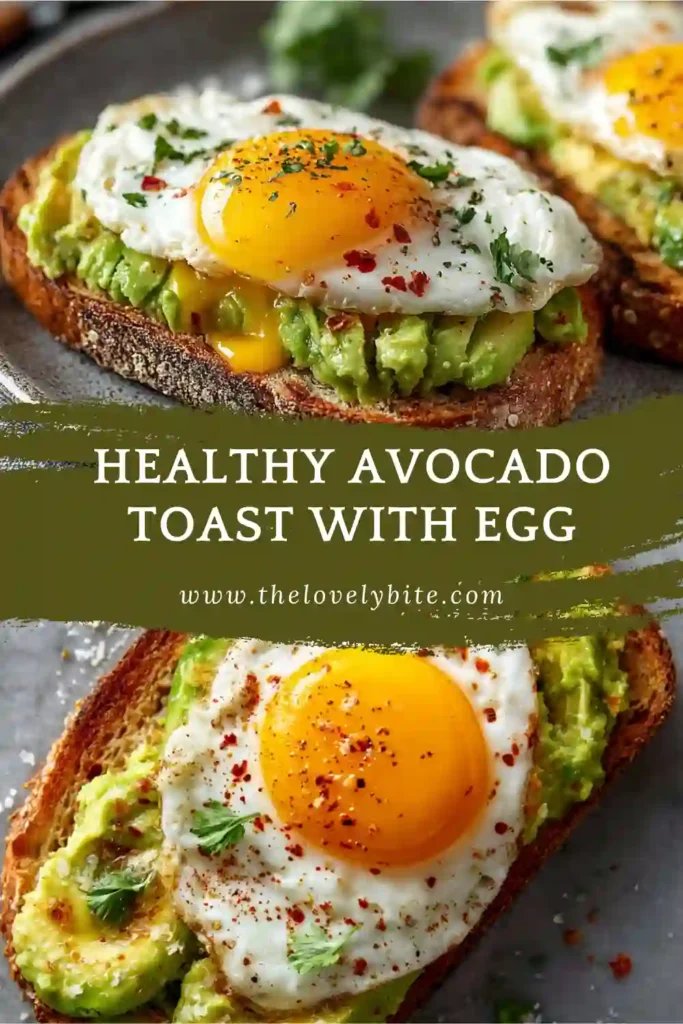 Fresh avocado toast topped with fried egg and seasoning on rustic bread. A simple and healthy breakfast option.