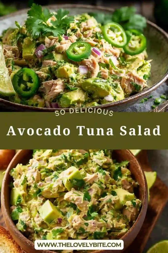 Close-up of avocado tuna salad with chunks of tuna and mashed avocado, garnished with herbs. A perfect example of a quick and healthy tuna salad recipe.