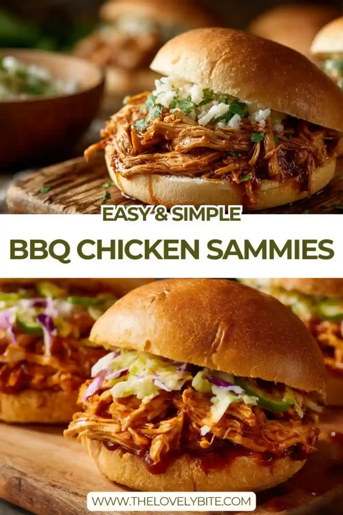 BBQ Chicken Sammies filled with shredded chicken in rich sauce served on soft buns with pickle topping. The sandwiches look juicy and flavorful, perfect for a quick meal.