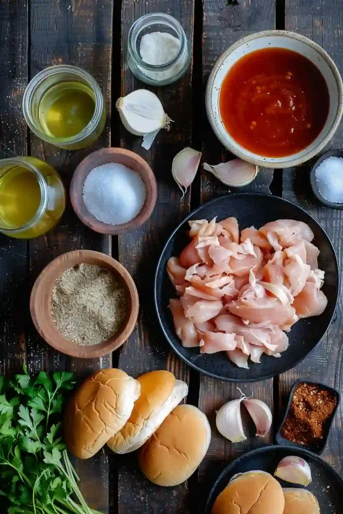 Shredded BBQ chicken sandwiches served on a wooden board with glossy sauce and soft bread rolls. A comforting and hearty meal presentation.