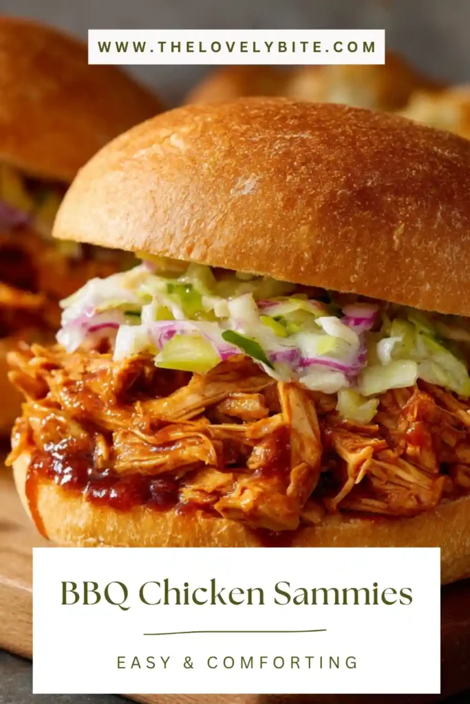Homemade BBQ Chicken Sammies plated with soft buns and tangy pickle relish on top. The dish appears warm, saucy, and freshly prepared.