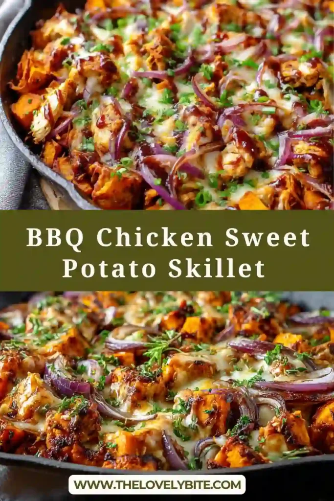 BBQ Chicken Sweet Potato Skillet with melted cheddar cheese, corn, and green onions in a cast iron pan. Warm, hearty one pan dinner.