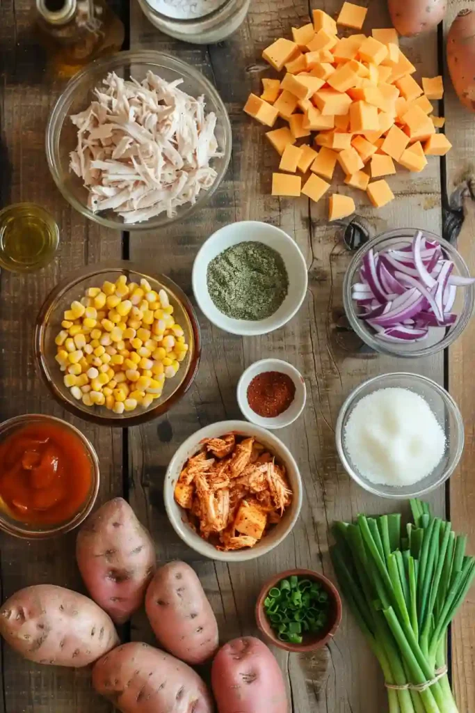 Freshly cooked BBQ chicken skillet with sweet potatoes, corn, and herbs, perfect easy weeknight meal.