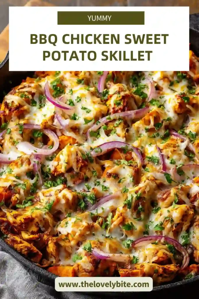 Close-up of BBQ chicken sweet potato skillet showing tender chicken, caramelized sweet potatoes, and melted cheese topping.