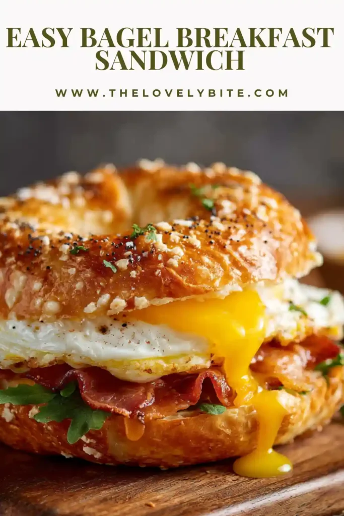 Close-up of a bagel breakfast sandwich with layers of egg, cheese, and crispy turkey bacon. A delicious and easy breakfast option.