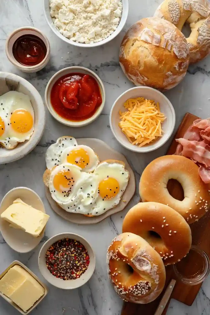 A freshly made bagel breakfast sandwich filled with eggs, melted cheese, and turkey bacon on a toasted bagel. Perfect for a hearty morning meal.