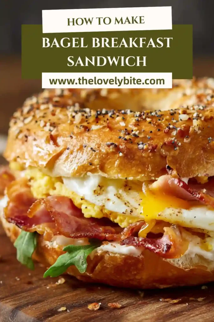 Golden toasted bagel breakfast sandwich stacked with eggs and cheese, served warm with a rich and savory filling.
