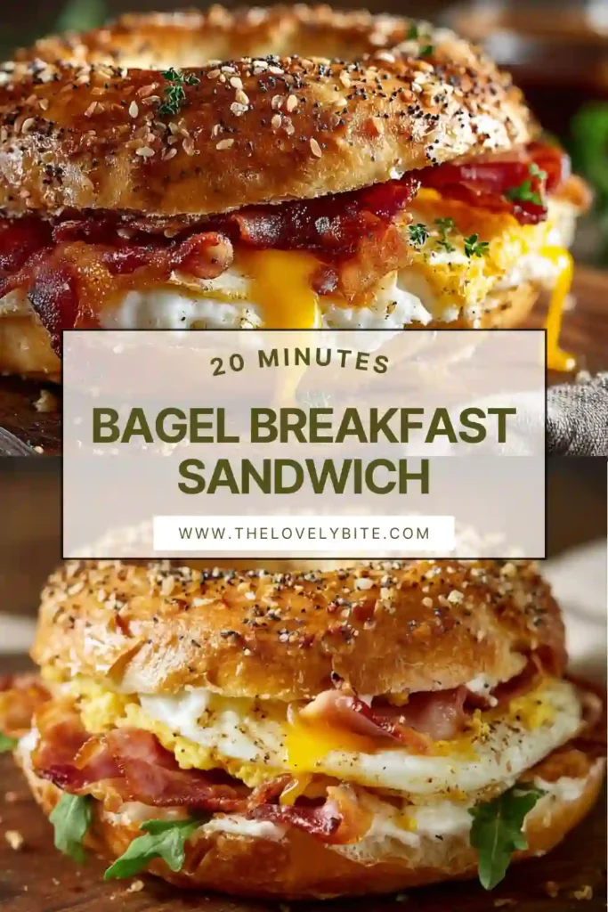 Homemade bagel breakfast sandwich featuring fluffy eggs, melted cheese, and turkey bacon for a satisfying breakfast.