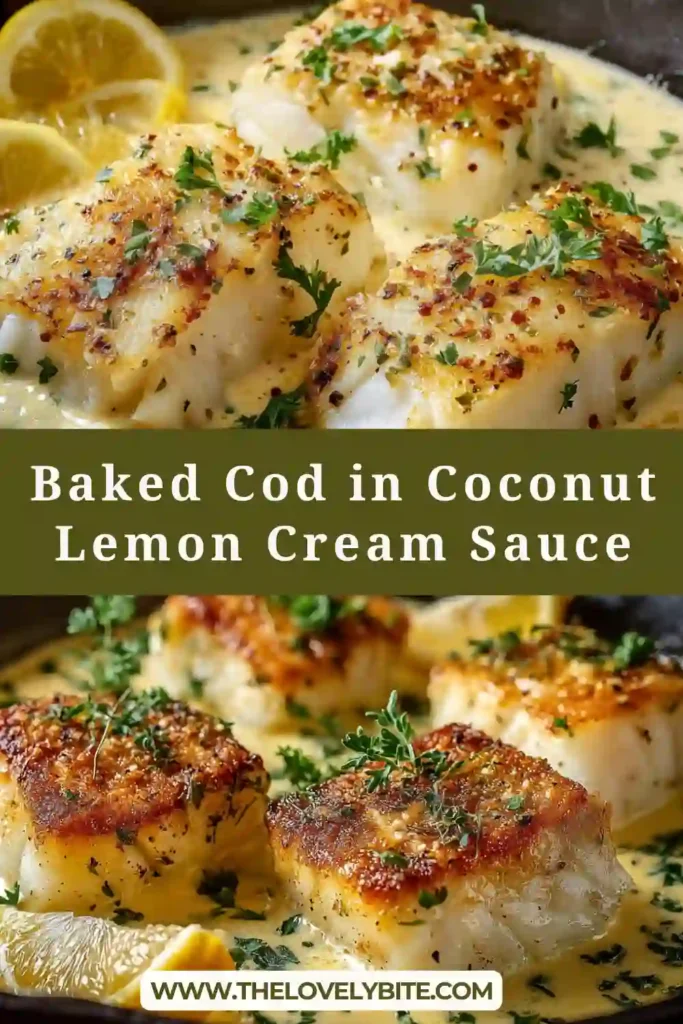 A skillet of baked cod in coconut lemon cream sauce topped with fresh parsley and lemon. The flaky cod fillets sit in a creamy dairy-free sauce made with coconut milk, garlic, and fresh citrus.