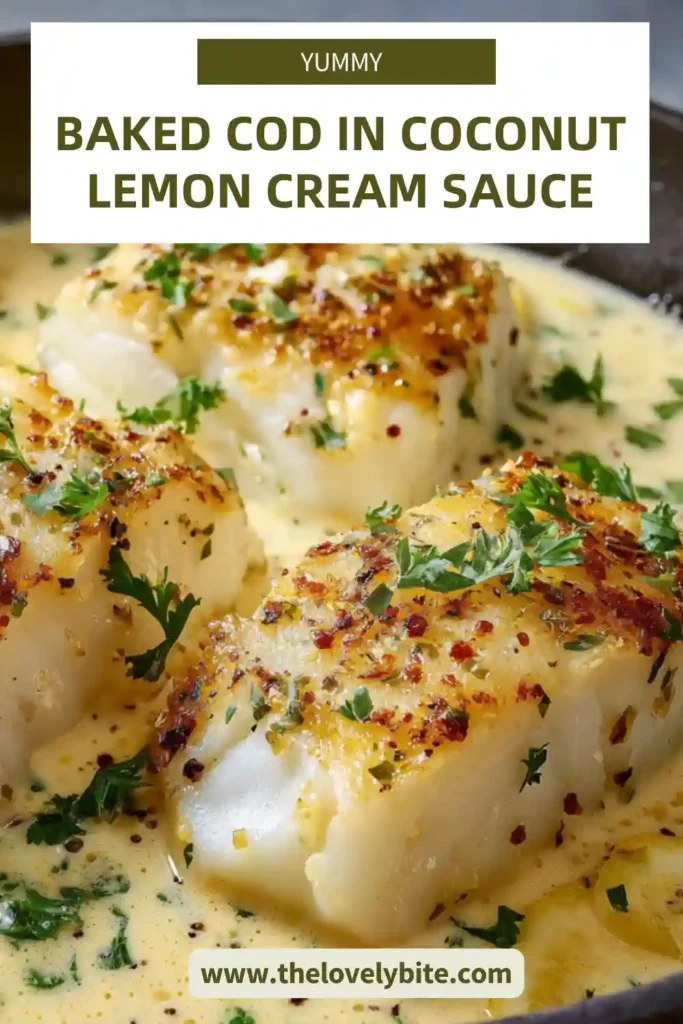 Golden seared cod fillets baked in a creamy coconut lemon sauce and finished with chopped parsley. This baked cod recipe looks fresh, rich, and perfect for an easy seafood dinner.