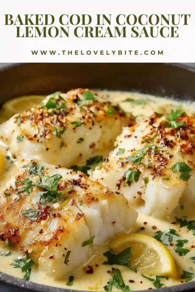 Close-up of tender baked cod in coconut lemon cream sauce with visible lemon zest and herbs. The dish is bright, creamy, and ideal for a simple oven baked cod meal.