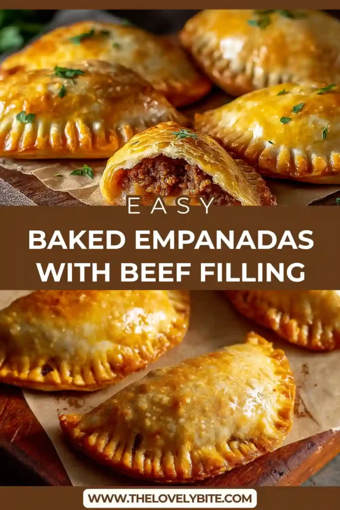 Close-up of baked empanadas showing flaky pastry and savory beef filling inside. The texture appears crisp outside and juicy inside.
