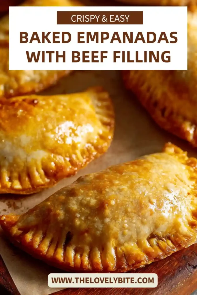 Golden baked empanadas filled with seasoned beef, potatoes, and olives on a baking tray fresh from the oven. The crust looks crispy and perfectly browned.