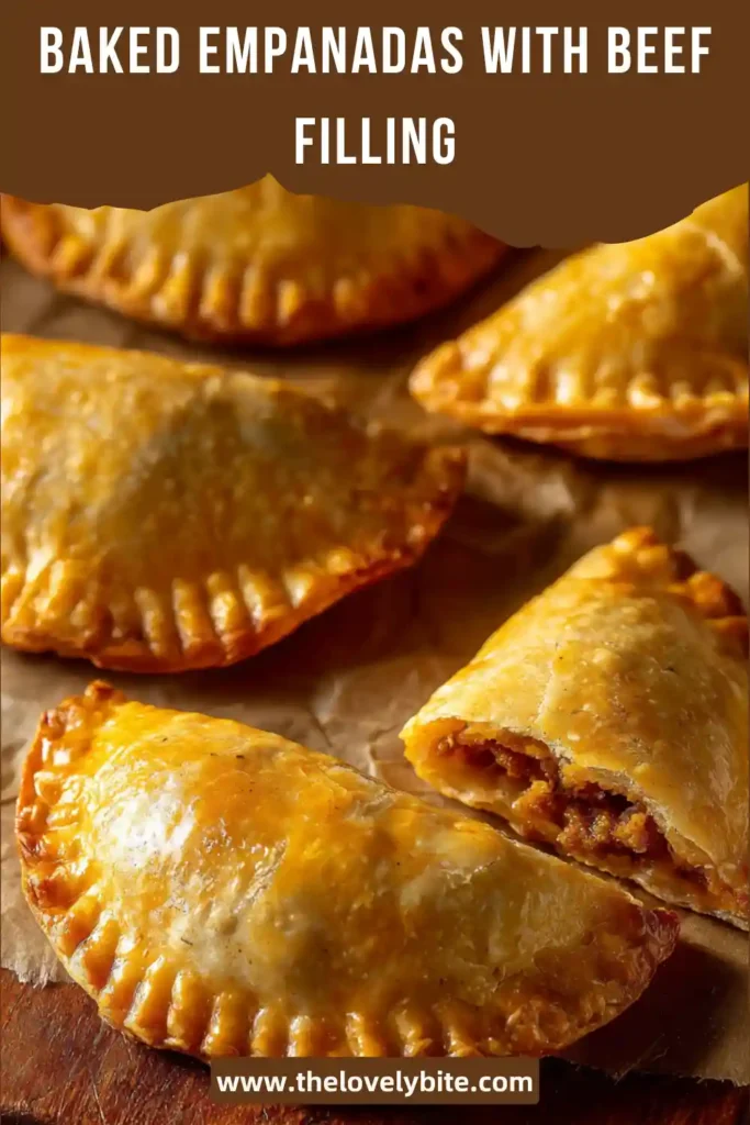 Homemade baked empanadas arranged on a plate with visible filling of ground beef and vegetables. Warm and freshly baked.