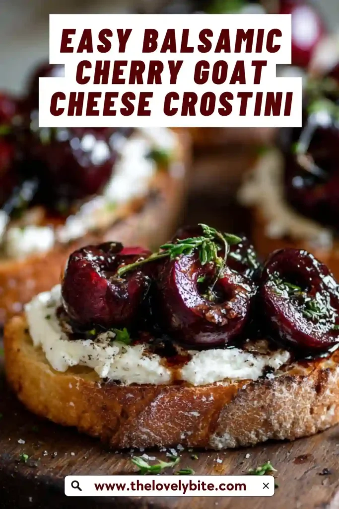 Rustic serving of Balsamic Cherry Goat Cheese Crostini arranged on a platter. The combination of textures and colors makes it visually appealing and delicious.