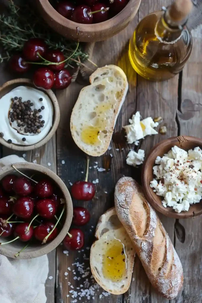 Balsamic Cherry Goat Cheese Crostini topped with roasted cherries and fresh thyme on toasted baguette slices. The honey drizzle adds a glossy finish and enhances the sweet and savory flavor.