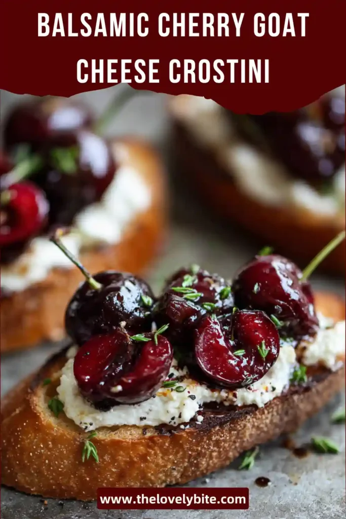 Elegant appetizer featuring balsamic roasted cherries and goat cheese spread over toasted crostini. Garnished with thyme and lightly drizzled with honey.