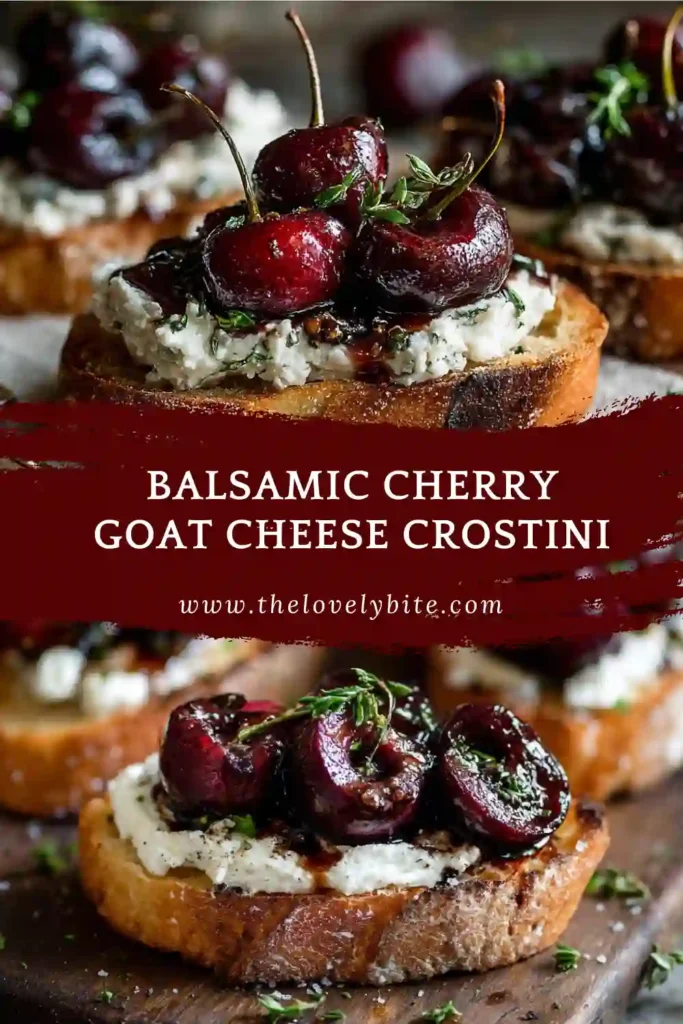 Close-up of cherry crostini with creamy goat cheese and balsamic glaze. The roasted cherries appear juicy and vibrant against crispy bread.