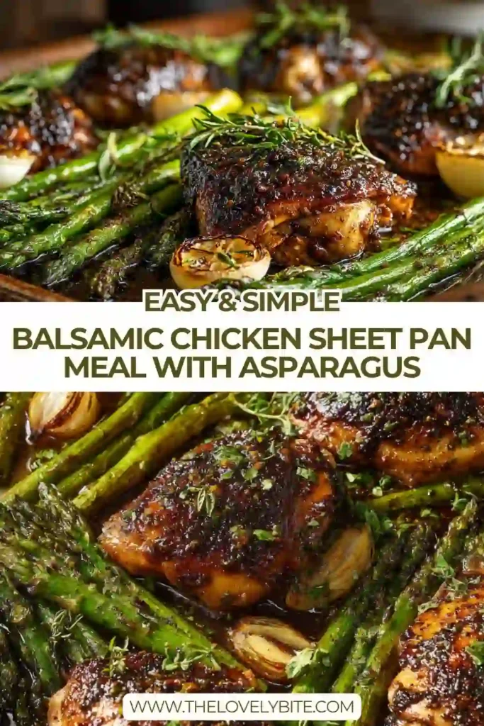 A sheet pan filled with roasted balsamic chicken, tender asparagus, and sliced onions, finished with crumbled feta cheese. This Balsamic Chicken Sheet Pan Meal looks golden, juicy, and perfect for an easy family dinner.